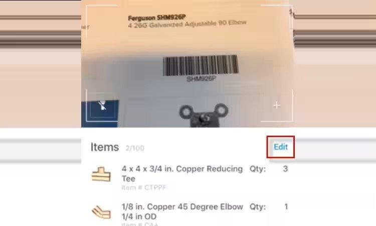 Popup of list of scanned items, with the Edit button outlined in red.